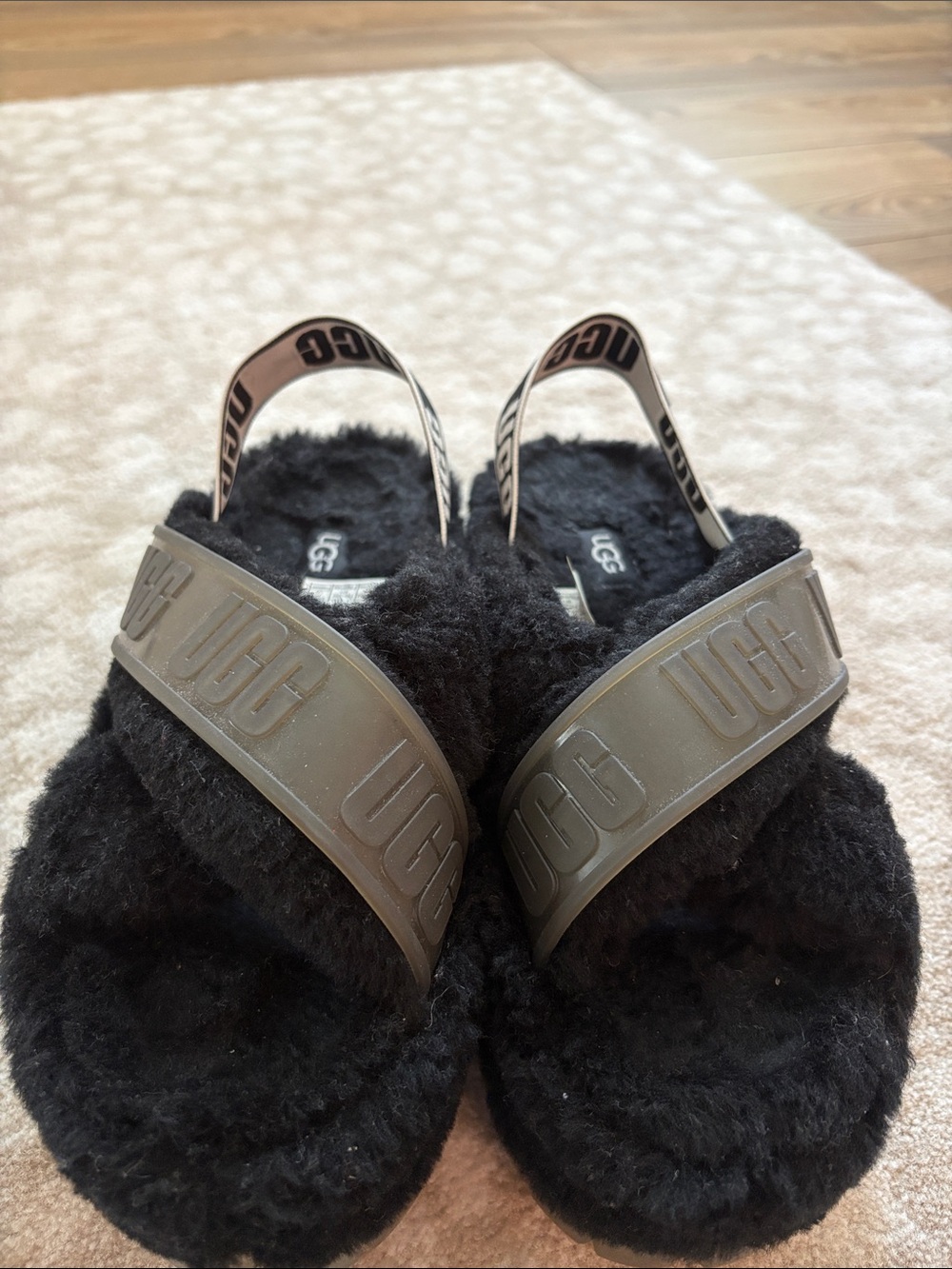 UGG Black Shearling Logo Slingback Slides